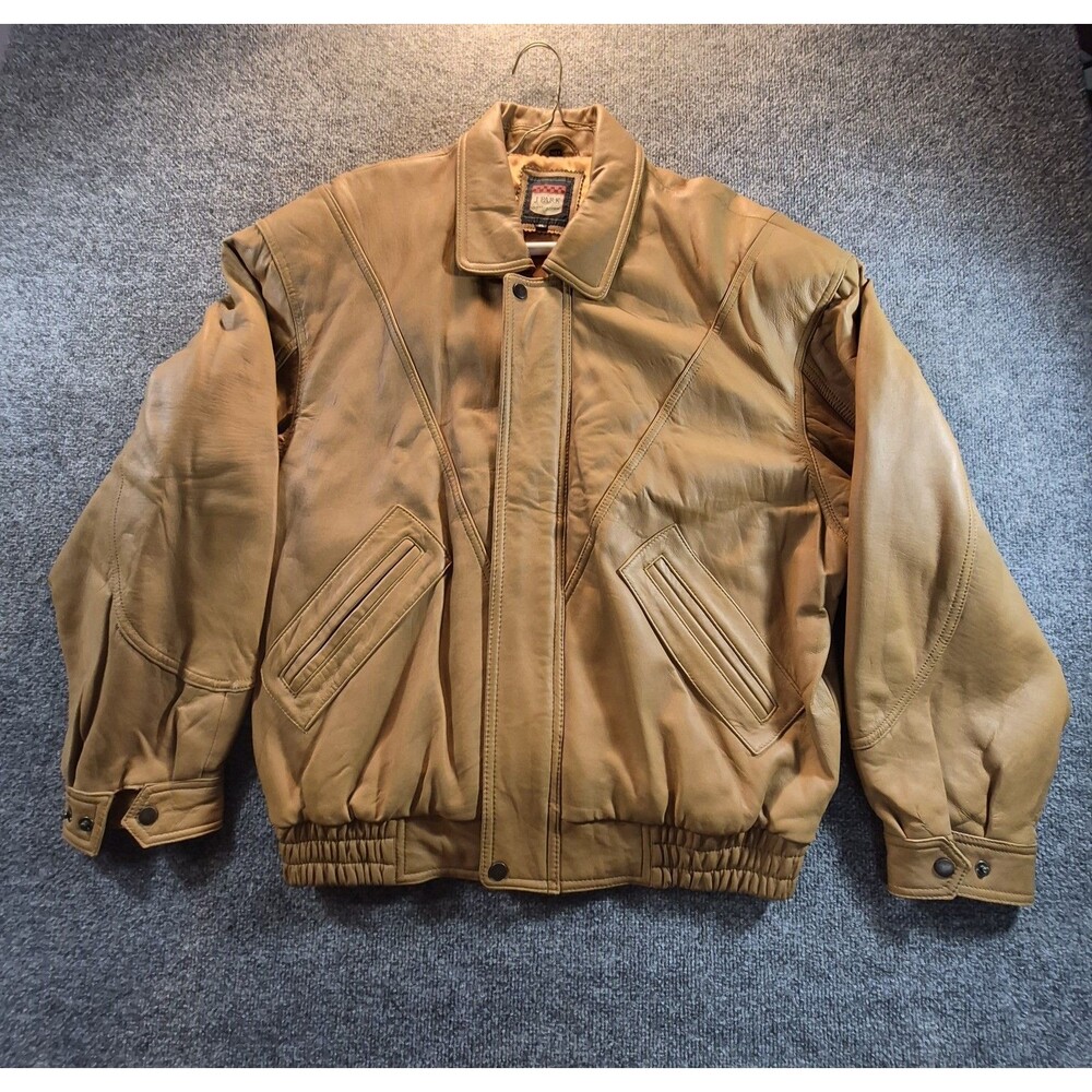 VTG J Park Leather Bomber Jacket Mens XL Tan Brown Full Zip Soft Lambskin Coat